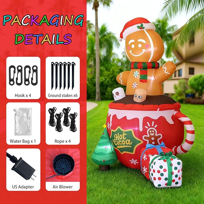 6FT Christmas Inflatables, Gingerbread Inflatables Outdoor Decorations, Cute Christmas Blow Up Decorations for Indoor Garden Lawn Party Decor