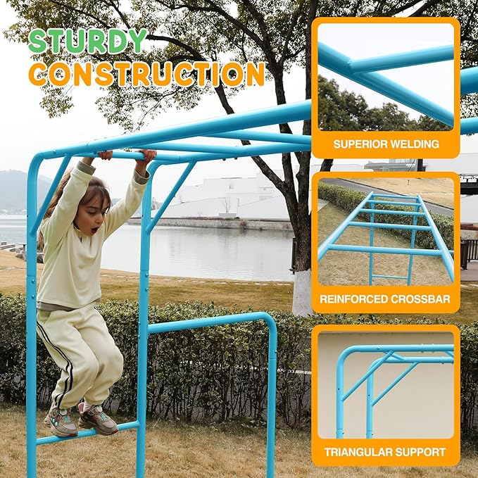 Outdoor Monkey Bar Set for Kids, with Climbing Frame, Gymnastics Bars, Playground Sets for Backyards, Metal Monkey Bars for Kids Age 3+, Backyard Set with Powder Coated Steel, SkyBlue