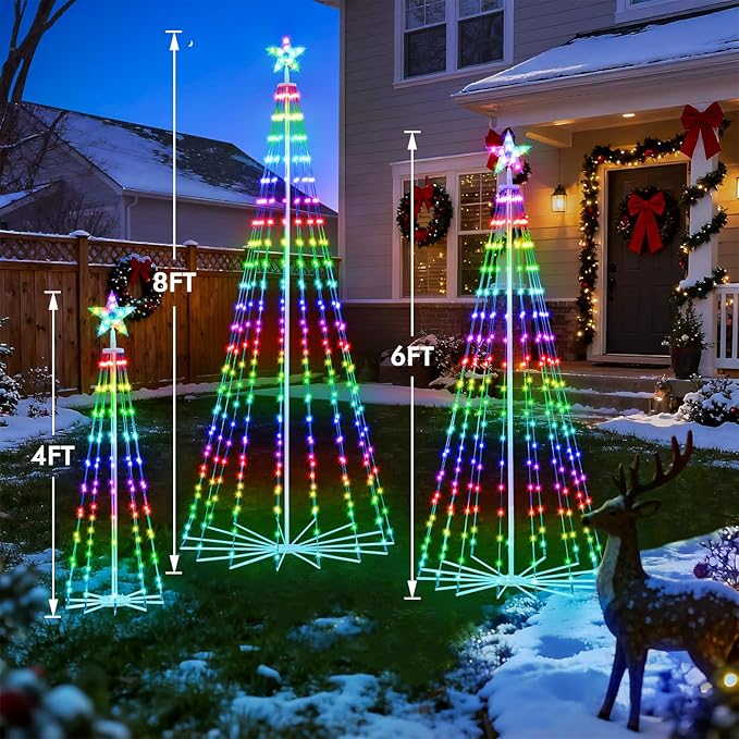 Outdoor Christmas Tree, 3-Pack RGB Color Changing Pre-Lit Smart Cone Christmas Tree with LED Lights, App & Remote Control, Multi-Color Lightshow, Christmas New Year Decoration(4FT&6FT&8FT)
