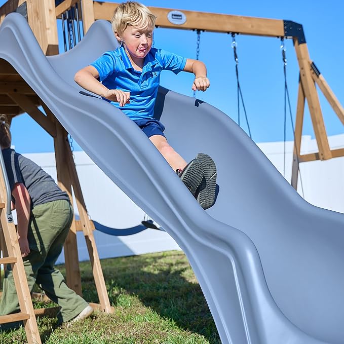 Backyard Discovery Dover Bay Spruce Wood Swing Set with Spiral Tube Slide, Wave Slide, Clubhouse, Rock Wall, Belt Swings, Step Ladder, Toy Telescope, Chalkboard, Outdoor Playset
