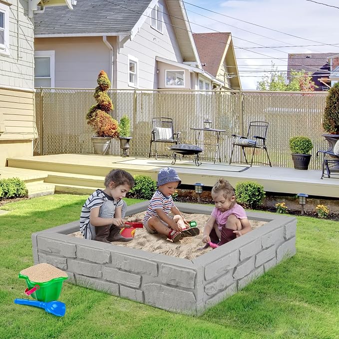 Costzon Kids Sandbox with Cover, 47x 47 HDPE Sand Box w/Oxford Cover, Bottom Liner, Reinforced Structure, Weather Resistant Outdoor Sand Pit for Backyard Lawn Garden Beach (Gray)