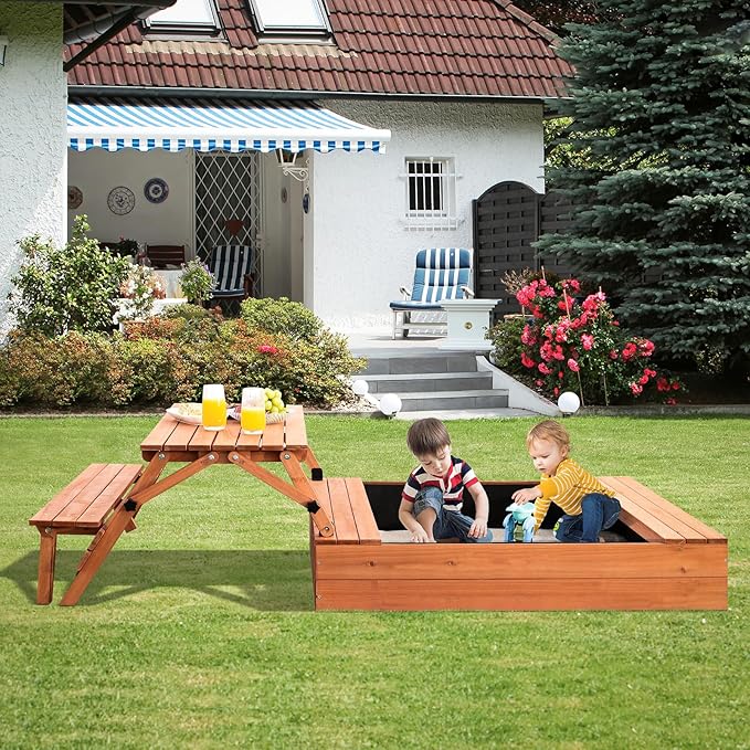 Kids Outdoor Wooden Sandbox Large Kids Sand Box with Lid Sand Box with Cover Gift for Ages 2-8 Foldable Picnic Table and Seat Bottom Liner Included
