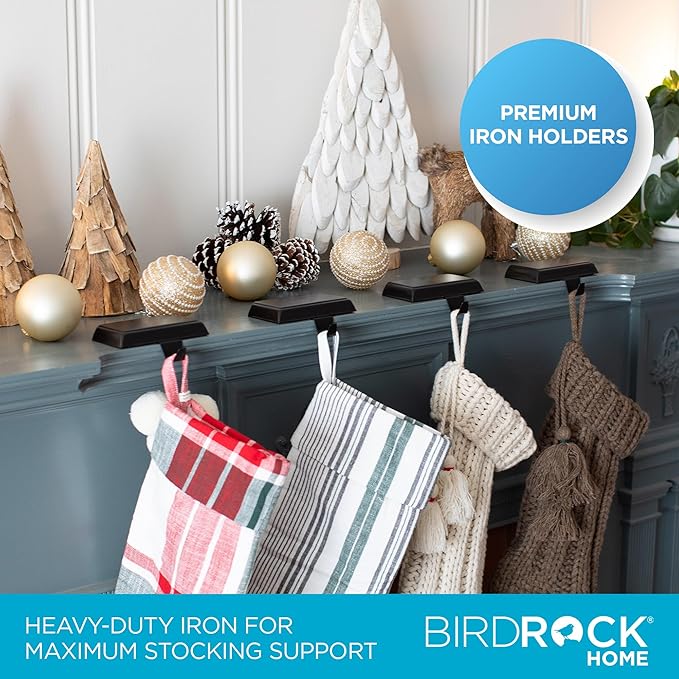 BIRDROCK HOME 4pk Flat Top Holiday Stocking Holder for Mantle | Black Finish with Non-Scratch Base | Fireplace Hook for Christmas Stockings Decor