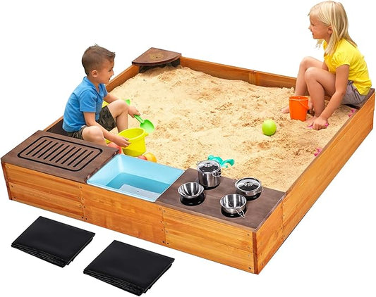 Sandbox with Cover, 2 in 1 Sandpit & Kitchen Playset, Outdoor Sand Box with Bottom Liner, PP Cover, Grill, Cooking Accessories, Toddlers Sandboxes for Backyard, Beach, Garden, Gift for Kids