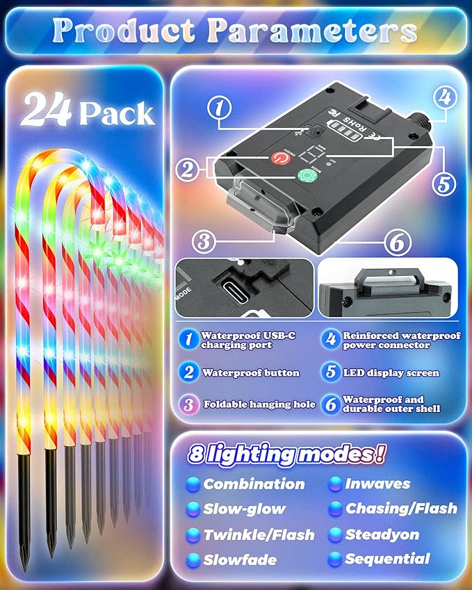Anordsem Solar Christmas Decorations Outdoor: 21" Candy Cane Stake Lights 24 Pack - Waterproof LED 8 Colorful Lighting Models for Yard Garden Pathway Xmas Decor - 2026 New Year Gifts for Homeowners
