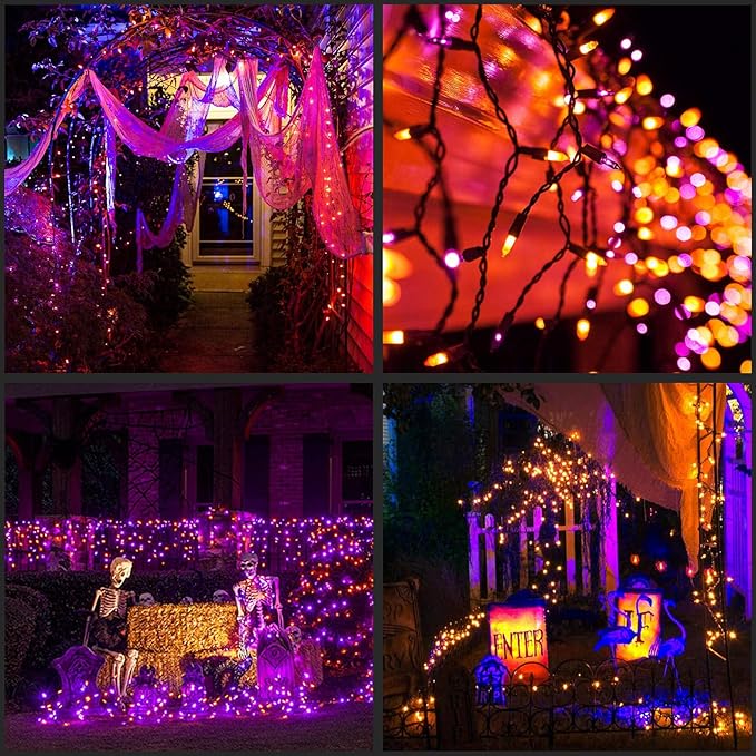 YULETIME 200 Orange & Purple Halloween Lights with Black Wire, Pack of 2 Sets 33 ft 100 Count UL Certified Christmas String Lights (Orange & Purple)