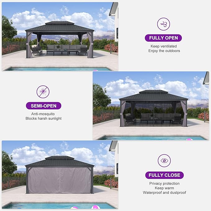 PURPLE LEAF 13' X 17' Hardtop Gazebo Aluminum Gazebo with Galvanized Steel Double Roof for Patio Lawn and Garden, Curtains and Netting Included Grey