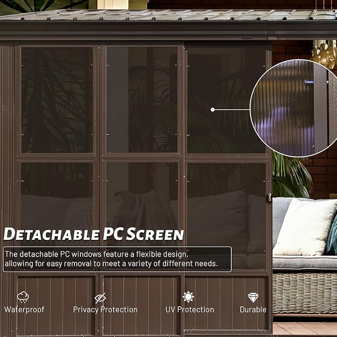 8x12FT Wall Mounted Sunroom Kit with 3 Sliding Double Doors (Front and 2 Sides), Patio Small Solarium All Season, Enclosed Lean to Gazebo with Galvanized Steel Roof and PC Windows for Backyard