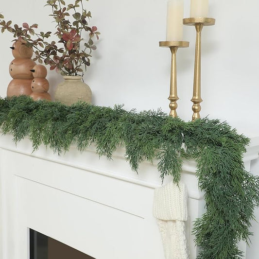 Dingion 2 Pcs 6 ft Christmas Cedar Garland - Artificial Realistic Green Faux Cedar Pine Garland Soft and Thick for Home Table, Mantle, Wall, Door, Indoor & Outdoor Christmas Party Decorations
