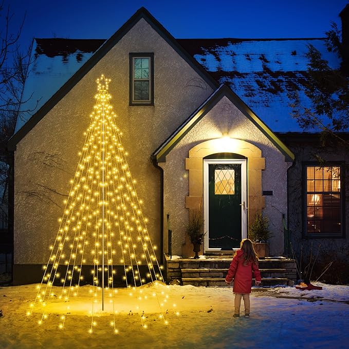 Flacchi 10 FT 404 LED Star String Lights Outdoor - Pole Set with Remote, Multiple Lighting Modes, Timer, and Waterproof Feature for Ultimate Holiday Decor (Warm White)