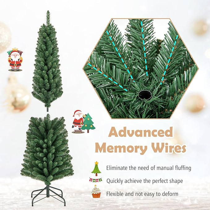 GOFLAME 6FT Prelit Pencil Christmas Tree, Slim Artificial Xmas Tree with 392 Memory Wire Branch Tips, 140 Warm White LED Lights & Upgraded Metal Stand, Seasonal Holiday Decoration Tree for Home Party