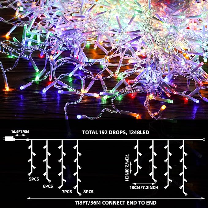118 ft 1248 LED Christmas Outdoor Icicle Lights LED Fairy String Hanging Lights Waterproof with 8 Modes Timer for Christmas Decorations Wedding Holiday Party Roof Yard, Multicolor