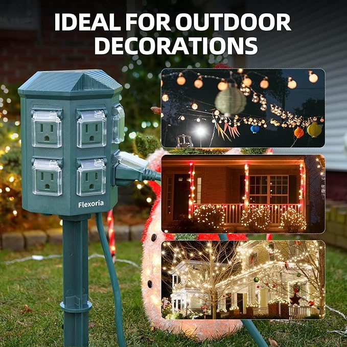 Outdoor Power Stake Timer, Remote Control Dusk to Dawn Light Timer, 90FT Extension Cord Waterproof, 6 Grounded Outlets for Outdoor Christmas Decorations, ETL Listed