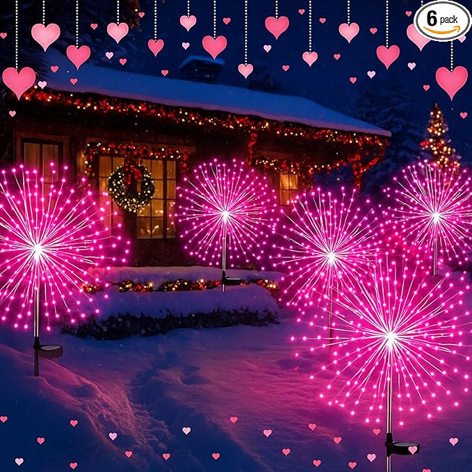 6 Pack Pink Christmas Solar Firework Lights 180 LED 8 Lighting Modes Waterproof Outdoor Decorative Solar Lights for Xmas Wedding Valentine Birthday Garden Patio Yard Pathway Walkway Lawn Decor