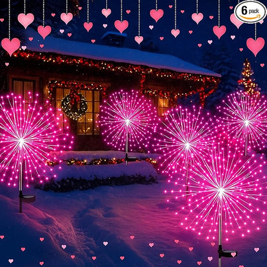 6 Pack Pink Christmas Solar Firework Lights 180 LED 8 Lighting Modes Waterproof Outdoor Decorative Solar Lights for Xmas Wedding Valentine Birthday Garden Patio Yard Pathway Walkway Lawn Decor