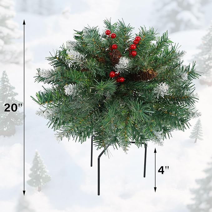 DR.DUDU 15 Inch Outdoor Christmas Decorations Urn Filler for Front Porch- 2 Pack Lighted Christmas Pot Fillers with Stake, Xmas Pine Trees with Timer for Outside Home Décor