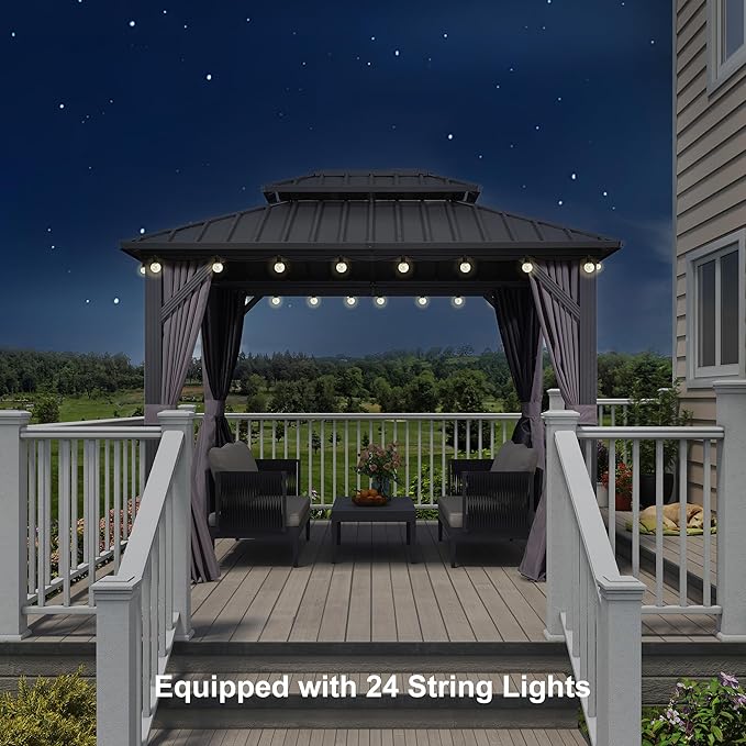 PURPLE LEAF 8'x10' Hardtop Gazebo with Lights Permanent Galvanized Steel Double Roof Outdoor Patio Pavilion Including Netting and Curtains for Garden Backyard Grey