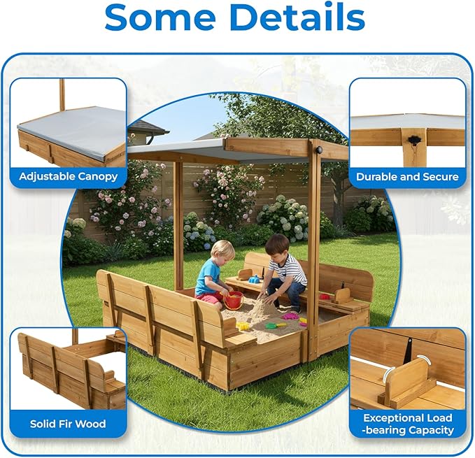Large Wooden Kids Sandbox with Lid, Outdoor Weatherproof Sand Box with Covers, 2 Foldable Benches, Adjustable Height Canopy, Gift for Kids Aged 2-8 (47x47in)