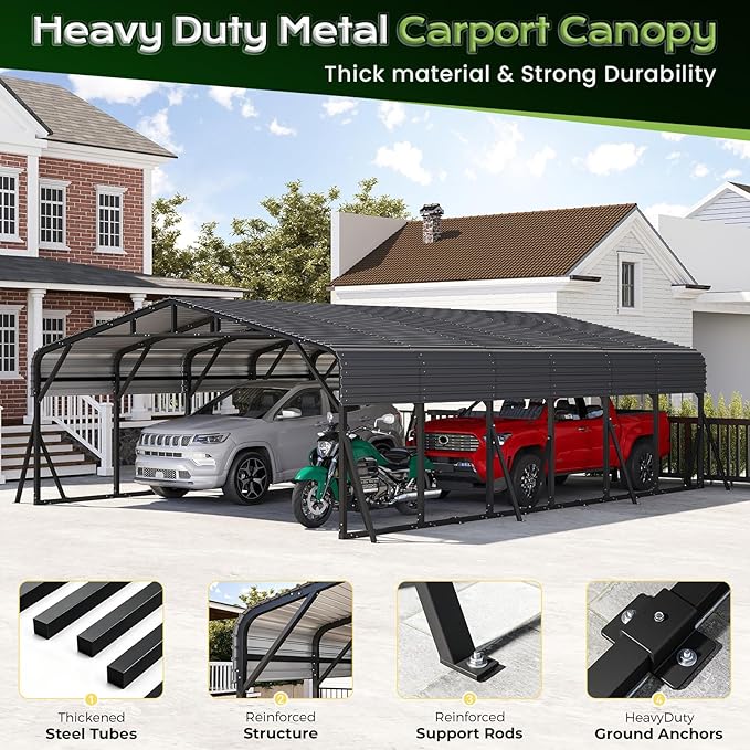 20x30FT Metal Carport, Heavy Duty Car Garage w/Reinforced Support Rods and Windproof Ground Anchors, All-Weather Multi-Use Outdoor Shelter for 2-4 Car, Boats and Truck