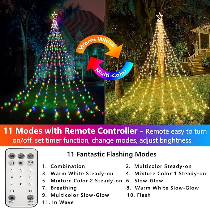 Decute Christmas Decorations Star String Lights Color Changing 11 Modes and Timer with Remote, Waterproof 320 Led Tree Toppers Fairy Lights for Outdoor Yard Garden Backyard Holiday Decor
