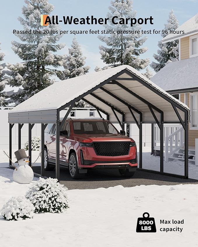 GarveeLife 12x20 ft Metal Carport, Reinforced Frame and Steel Roof for All-Weather Use, Permanent Shelter for Bass Boats, Full-Sized Pickup Trucks, and Tractors