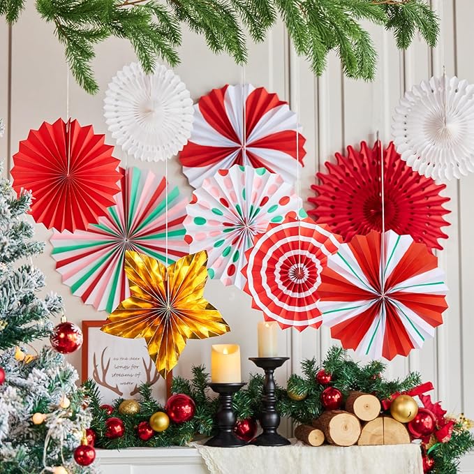 Christmas Paper Fans, Christmas Paper Decorations, Hanging Xmas Decor in Gold, Red, White and Peppermint Candy Theme Honeycomb Decorations