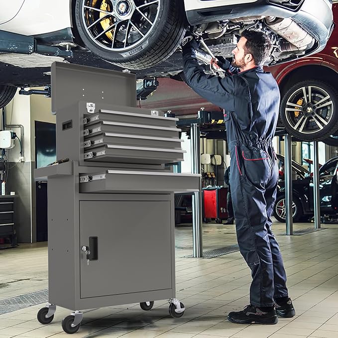 5-Drawers Tool Chest, 2-in-1 Mechanic Rolling Tool Box Removable Lockable Tool Storage Cabinet, Metal Tool Cart with Drawers and Wheels for Garage, Workshop
