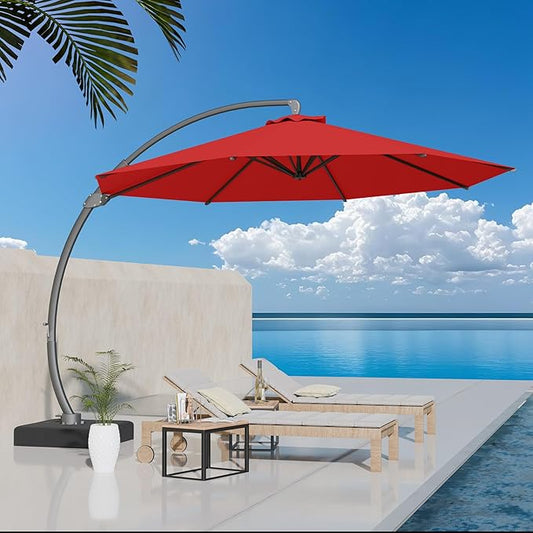 Kingdura 11ft Offset Cantilever Patio Umbrella with Base Included, Large Round Aluminum Outdoor Umbrella, 360° Rotation & Infinite Tilt, Heavy Duty Frame for Deck Pool Backyard, Red
