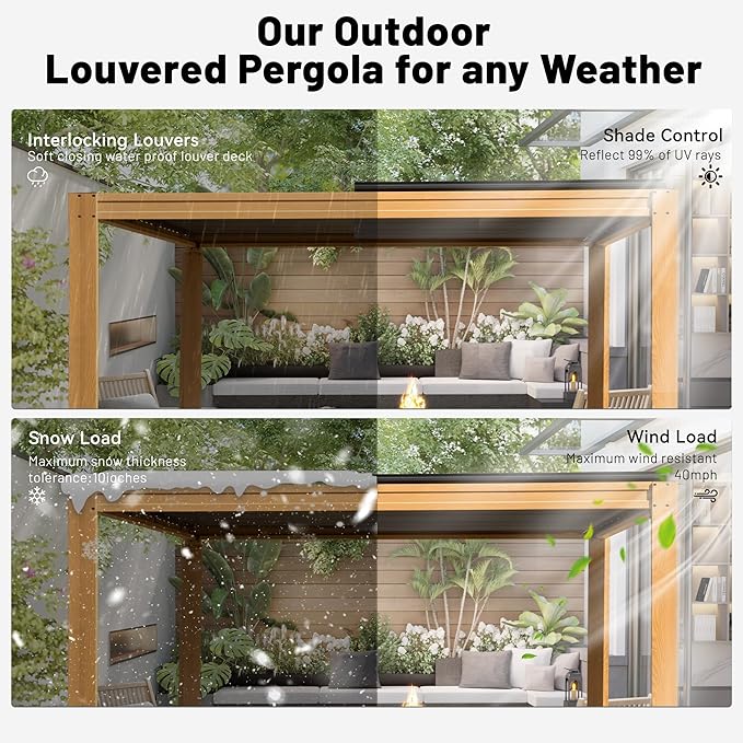 10’ x 13’ Louvered Pergola, Outdoor Pergola Aluminum Frame with Adjustable Rainproof Metal Roof, Permanent Sun Shade with Drainage System for Backyard, Garden and Lawn (Wooden Grain)