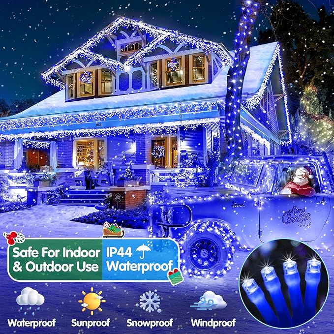 Heceltt Christmas Lights Outdoor, 125FT 350 LED String Lights 8 Modes and Timer Memory Function Twinkle Fairy Lights Waterproof Plug in for Xmas Tree Wedding Party Holiday Decor(Blue)