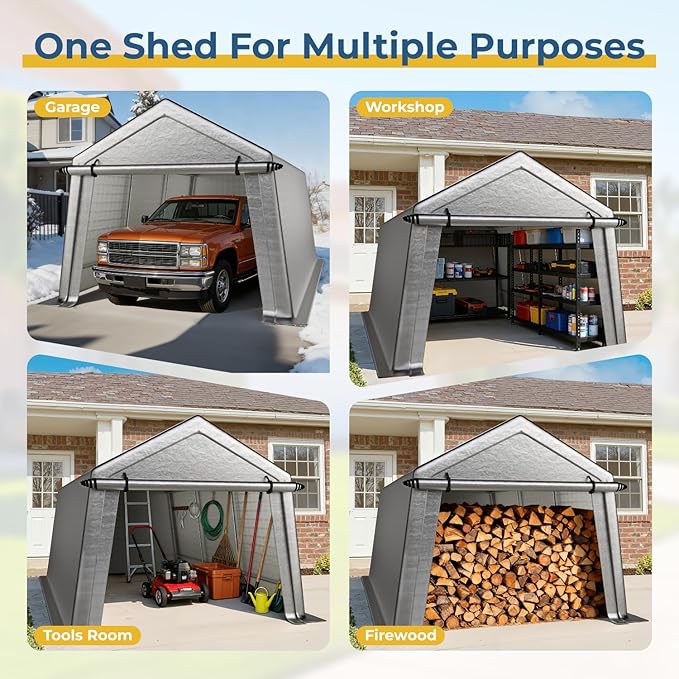 10 x 15 FT Carport, Portable Shed w/220G Heavy Duty Waterproof PE Tarp, Roll-up Zipper Door & Vent, Weather-Resistant Storage Shed for Motorcycle, Bike, ATV and Tools, Gray