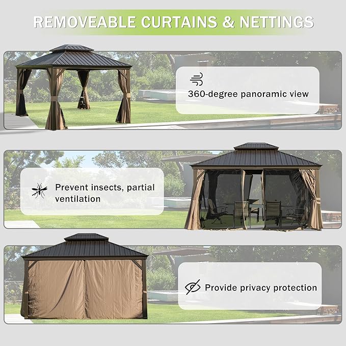 Domi 10x14 FT Outdoor Gazebo, Hardtop Gazebo with Galvanized Steel Double Roof, Metal Gazebos with Drainage System Patio Pergola for Patio Deck Backyard,Curtain and Netting, Brown