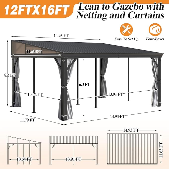 GARTOO 12' x 16' Lean to Hardtop Gazebo for Patio - Aluminum Frame Gazebos Pergola with Sloping Metal Roof, Outdoor Wall-Mounted Canopy Awnings to House for Patio, Garden, Lawn, Backyard Deck
