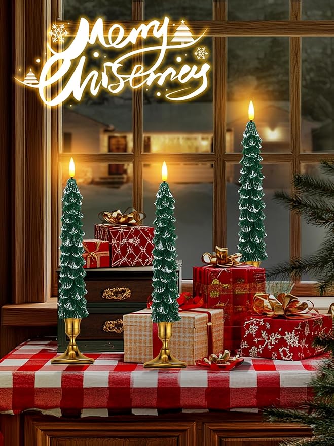 3 Pack Christmas Tree Candles with Remote- Real Wax Flameless Taper Candles, 9.7in Green Candlesticks Battery Operated for Home Table Metal Xmas Holiday Indoor Decorations Gifts