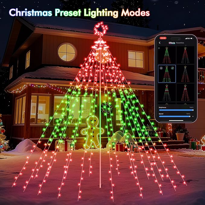 Outdoor Christmas Decorations, 12FT 488LED RGB Color Changing Waterfall Christmas Tree Lights with Iron Pole, APP Remote Control, DIY Multi-Color Lightshow, Music Sync, Xmas New Year Decor