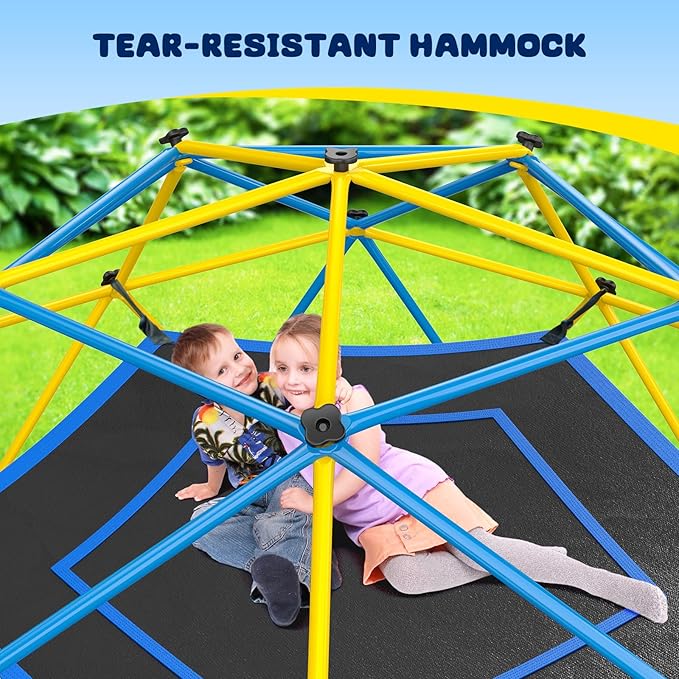 Hapfan 10ft Climbing Dome with Hammock, Jungle Gym for Kids 3-8 Backyard with Heavy Duty Monkey Bars Made of Anti-Rust Steel