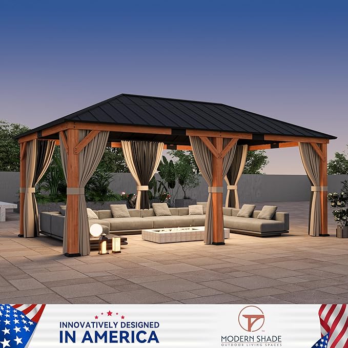 Modern Shade Tranquil Grove Wood Gazebo 12' x 20', Grill Gazebo with Galvanized Steel Roof, Mosquito Netting and Curtains, Permanent Hardtop Pavilion with Sturdy Hooks for Garden, Backyard
