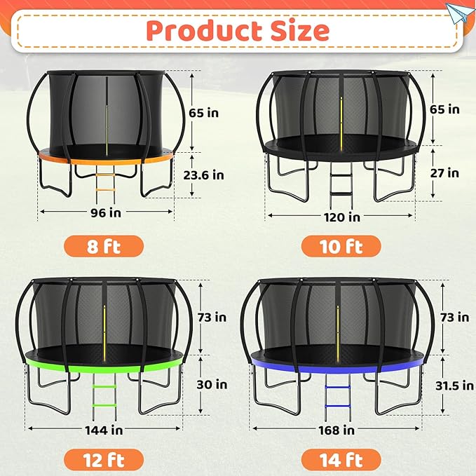 8FT 10FT 12FT 14FT 16FT Trampoline Outdoor, Trampolines for Kids & Adults, Pumpkin Trampolines with Safety Net, Ladder, Coating Metal Frame, ASTM Approved Large Backyard Trampoline for Kids