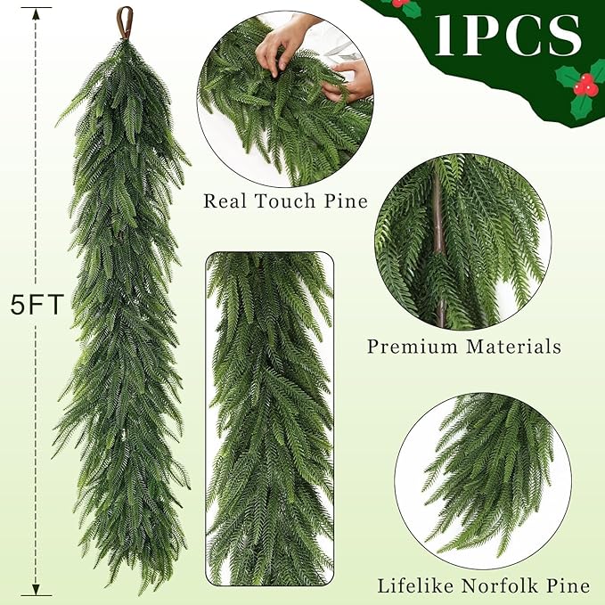 Christmas Norfolk Pine Garlands - 5ft Artificial Garland Faux Green Fake Pine Needles Garland for Fireplace,Table,Window,Stairs,Mante,Holiday Indoor Outdoor Xmas Decor(1PCS)