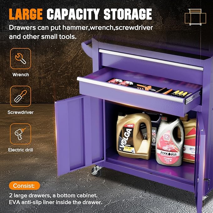 Crownland 8-Drawer Rolling Tool Chest with Wheels, Lockable 2 in 1 Detachable Tool Cabinet wit Drawers and Side Hooks, Garage Top Toolbox & Bottom Storage Cart(Purple)