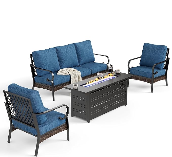 4 Piece Black Metal Outdoor Patio Furniture Sets with Firepit Table, Patio Conversation Sets 1 3-Seater Sofa, 2 Single Sofa with 5.75" Thick Cushion Backyard Furniture for Deck, Blue-2