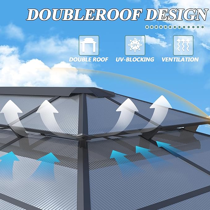 12'x16' Hardtop Gazebo, Patio Gazebo Polycarbonate Double Roof Gazebos with Netting and Curtains, Heavy Duty Metal Pavilion for Patio, Backyard, Deck and Lawn