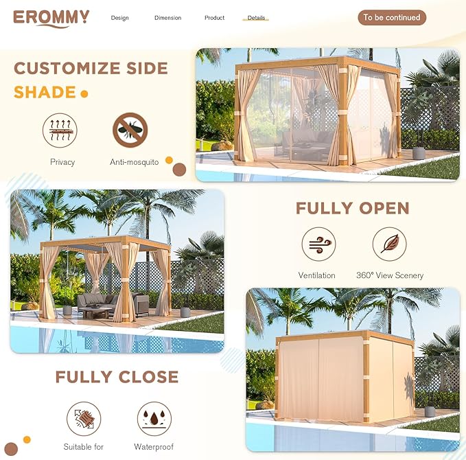EROMMY Louvered Pergola 10' x 10' Outdoor Hard Top Gazebo with Wooden Grain Aluminum Frame and Adjustable Metal Rainproof Roof for Garden & Patio, Curtains and Netting Included, Wood Grain