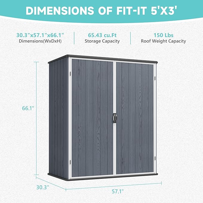 Greesum 5X3FT Plastic Outdoor Storage Shed with Floor, Resin Storaged Sheds with Lockable Door, All-Weather Tool Sheds for Garden, Backyard, Patio, Dark Gray (4.7×2.5FT)