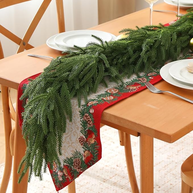 9 FT Christmas Artificial Norfolk Pine Garland, Realistic Touch Greenery Garland for Indoor Outdoor Door Porch Table Fireplace Wall Staircase Holiday Christmas Decorations