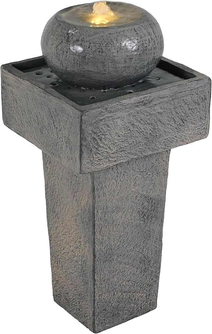 Merax 25.59" H Minimalist Concrete Column Fountain–LED-Lit Modern Outdoor Oasis, Durable Landscape Feature for Patio, Porch