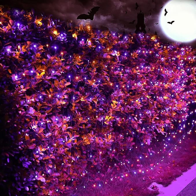 Joomer 12ft x 5ft 360LED Orange Purple Halloween Net Lights Outdoor Mesh Lights, 8 Modes Timer Connectable Waterproof Bush Light Mesh Netting Light for Halloween Outdoor Decorations (Green Wire)