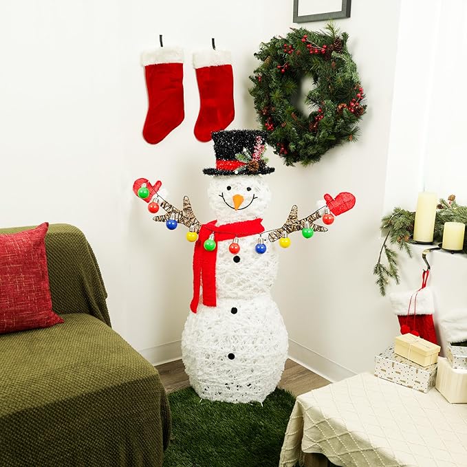 Alpine Corporation CHT972, White Mesh Fabric 3D Snowman Holding Christmas Lights with 60 Warm White LED Lights - Large 4 Feet Tall Indoor/Outdoor Holiday Décor, Christmas Decoration