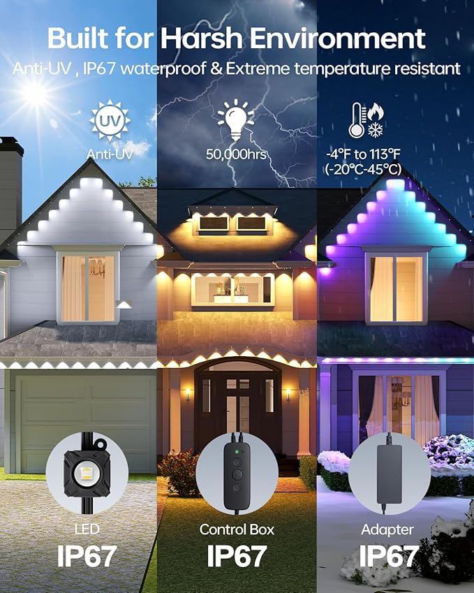 ASAHOM Permanent Outdoor Lights Pro S108D, 200FT with 144 RGBCW LEDs, WLED Integration, AI Lighting, 30000 Lighting Effect Combination, IP67 Waterproof for Christmas New Year Daily Decor, Black
