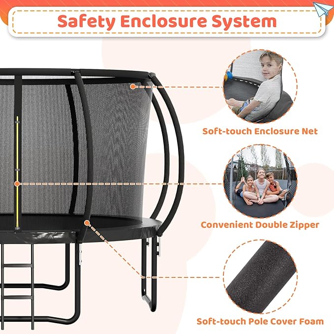 8FT 10FT 12FT 14FT 16FT Trampoline Outdoor, Trampolines for Kids & Adults, Pumpkin Trampolines with Safety Net, Ladder, Coating Metal Frame, ASTM Approved Large Backyard Trampoline for Kids